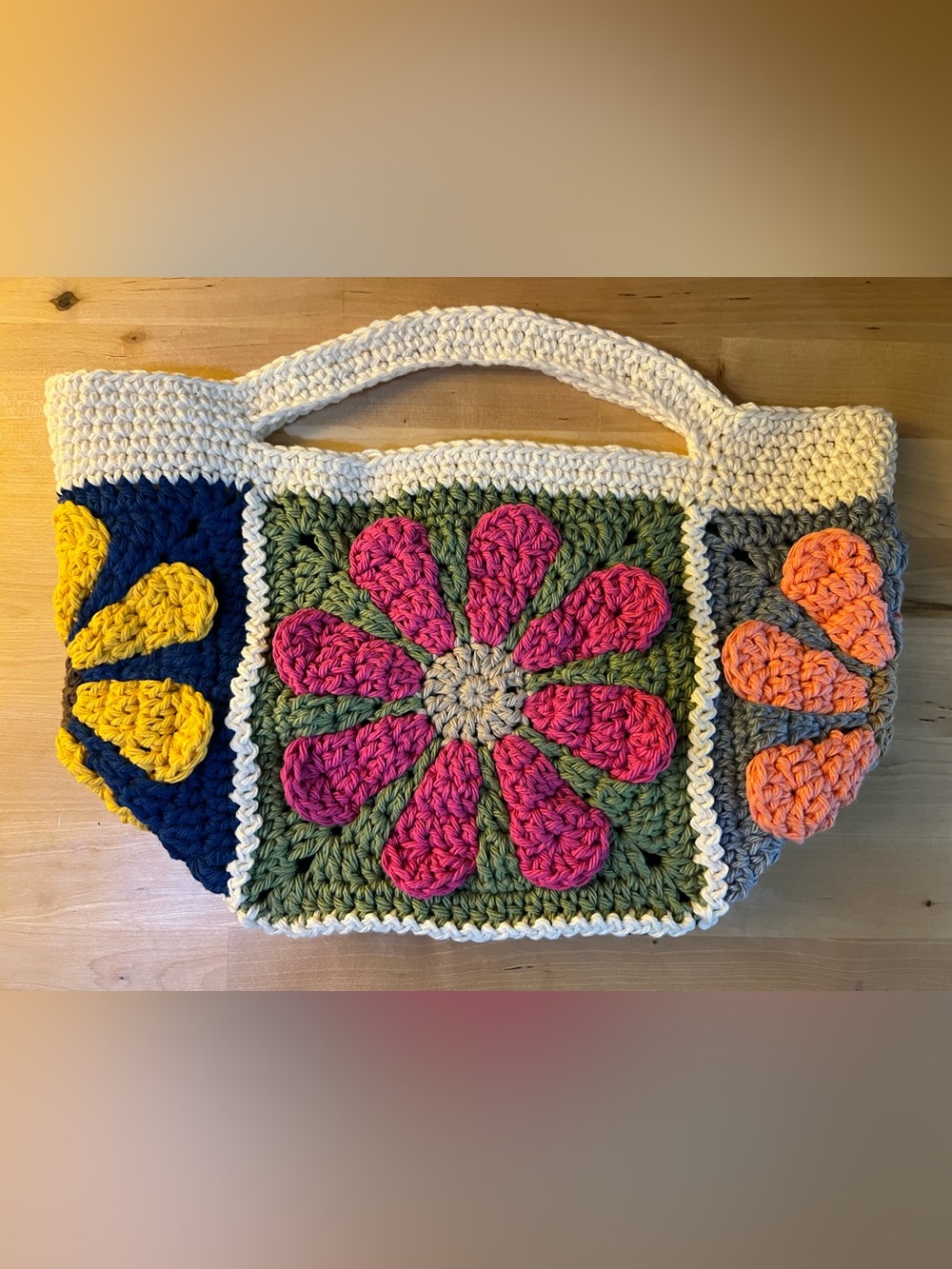 Handmade Crocheted Floral Patchwork Tote Bag - multicolor